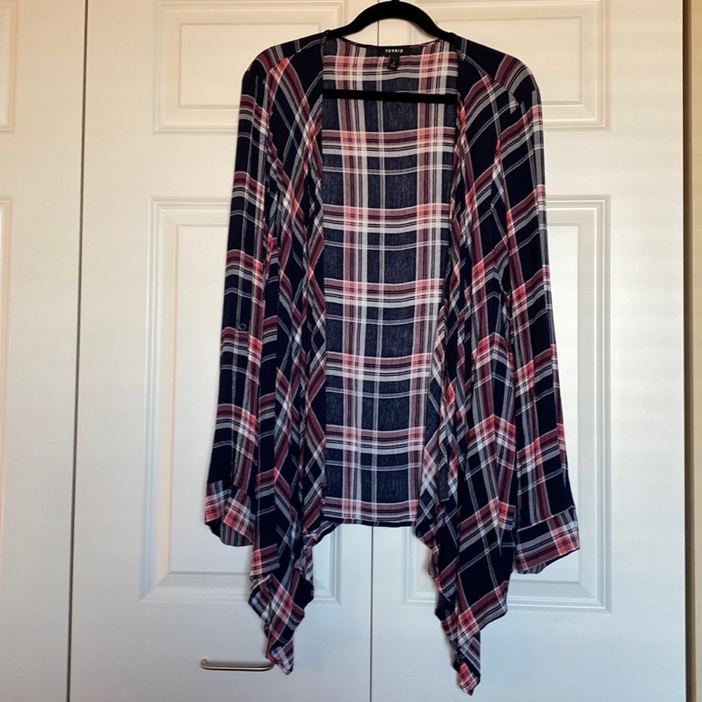Torrid Size 2 (18/20) Waterfall Navy and Pink Plaid Overshirt/Cardigan